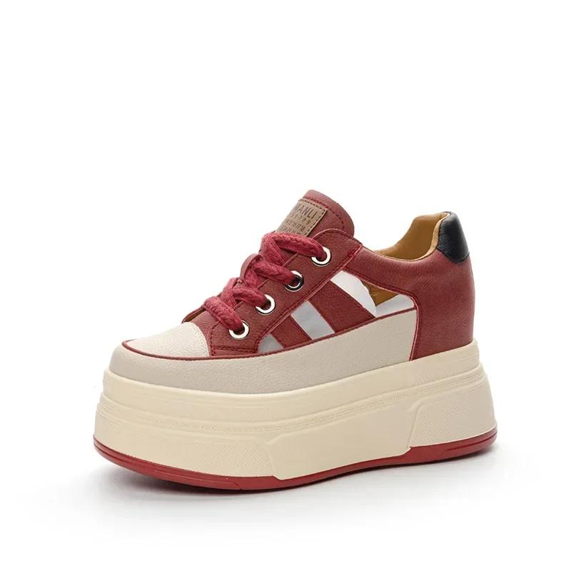 9cm Genuine Leather Platform Sneakers Wedge Shoes for Women Breathable Sneakers Autumn Casual Shoes Hidden Heel Zapatillas Mujer