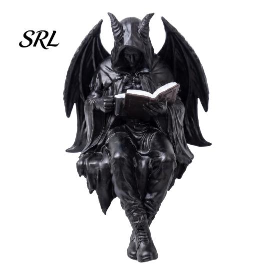 Dark Skeleton Figurine Halloween Reading Book Figurine, Spooky Devil Resin Sculpture, Gothic Sculpture Black Robe Grim Reaper Statue for Home A