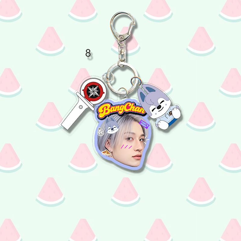 1pc Kpop Stray Kids Member Acrylic Keychain Cute 3-in-1 Mini Lightstick Real Photo Name Tag Triple Pendant Keyring for Bags, SKZ Merch STAY Gift