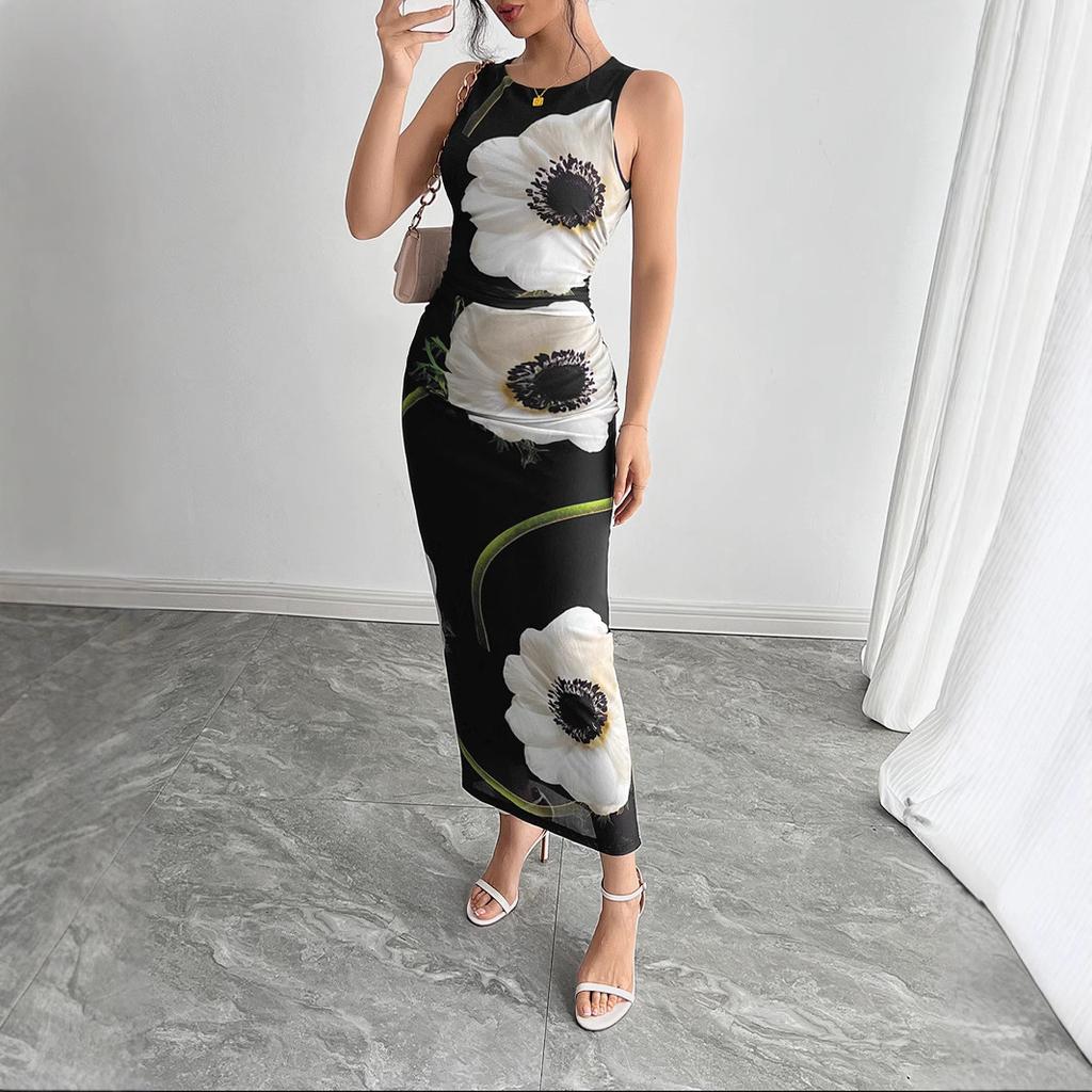 Women's Sleeveless Maxi Dress Round Neck Mid Rise Elegant Mesh Floral Print Sheath Dress