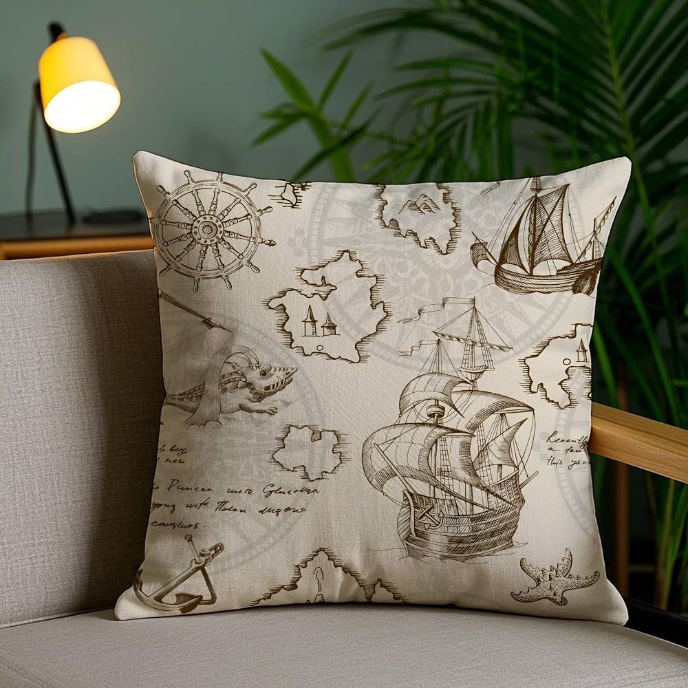 Ocean Blue Compass with Anchor Pillow Case Anti-dustmite Pillowcase Invisible zipper silky short plush Sofa cushion cover