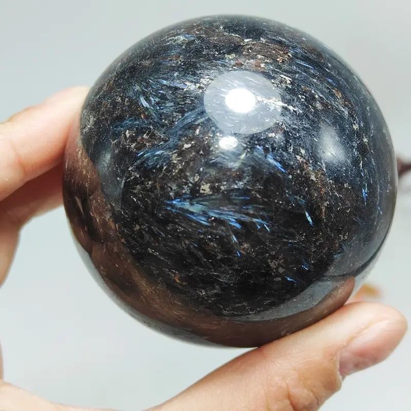 1Pc 0.44-1.1LB Large Astrophyllite Garnet Sphere With Wood Based Stand Crystal Quartz Collection Black Firework Reiki