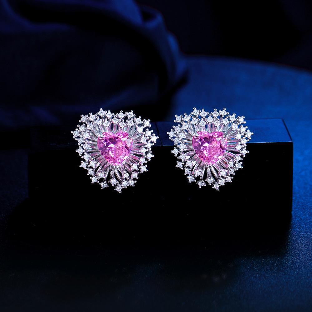 

Needle French Light Luxury Love Zircon Bright Fireworks Earrings Super Flash Elegant Court Style Pink Diamond Earrings