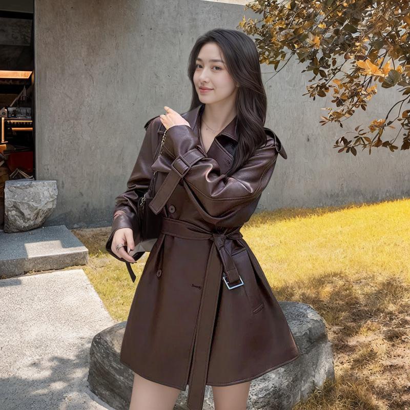 

Пальто Женское Осеннее Американское Ретро Средней Длины Темпераментная Куртка из ПУ Кожи XL