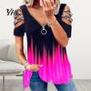 Top da Donna in Seta di Latte T-shirt Estiva Scollatura a V Maniche Corte con Traforo e Decorazioni di Strass Orlo Ampio Colore a Contrasto Degradé Taglia Grande