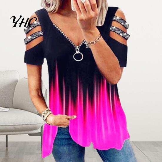 Top da Donna in Seta di Latte T-shirt Estiva Scollatura a V Maniche Corte con Traforo e Decorazioni di Strass Orlo Ampio Colore a Contrasto Degradé Taglia Grande