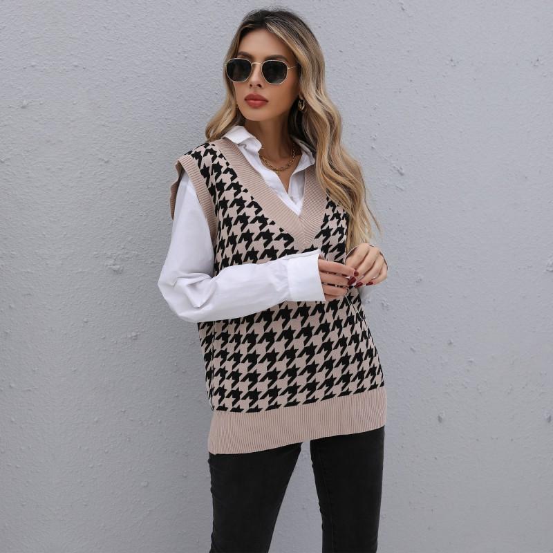 Vintage Fashion Elegant Casual Early Fall Women's Mid-length Thousand Birds Check Sweater Vest Women