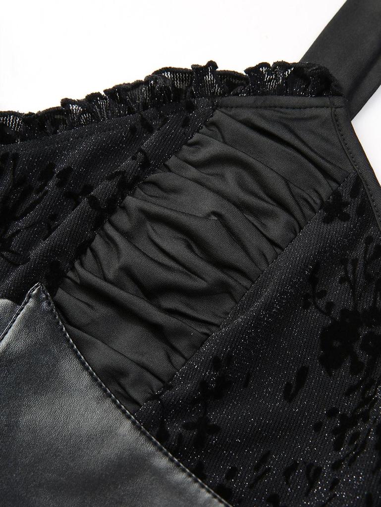 Rosegal Plus Size Glitter Floral Flocking Ruched PU Panel Belted Split Layered High Low Asymmetric A Line Tank Dress