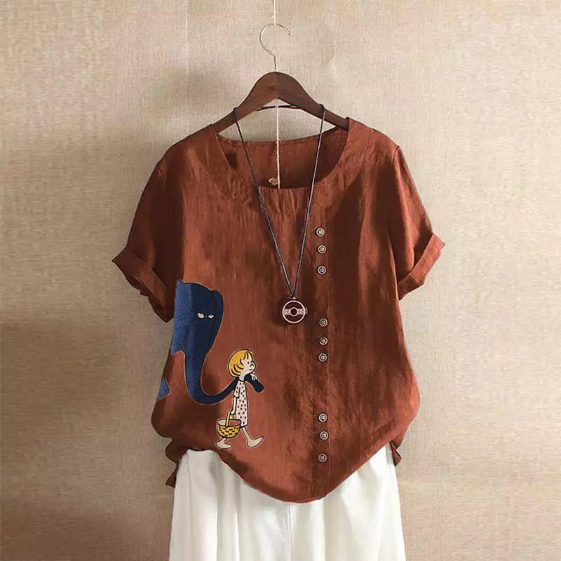 GMXIA Summer Vintage Plus-size Casual Loose Cotton and Linen Short Sleeve Pullover T-shirt Cotton and Linen Women Plus-size Women's Wear