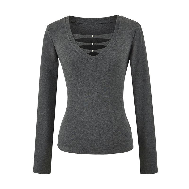 Women s Deep V-Neck Lace Design Long-Sleeve Slim Fit Top for Autumn/Winter. Small серый