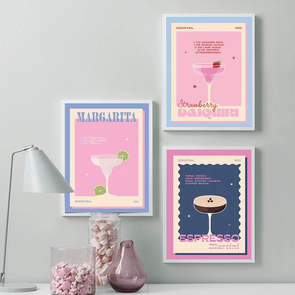 Modern Still Life Drinks Cocktails Strawberry Canvas Painting Coffee Shop Shop Bar Wall Print Poster Minimalist Art Home Decor