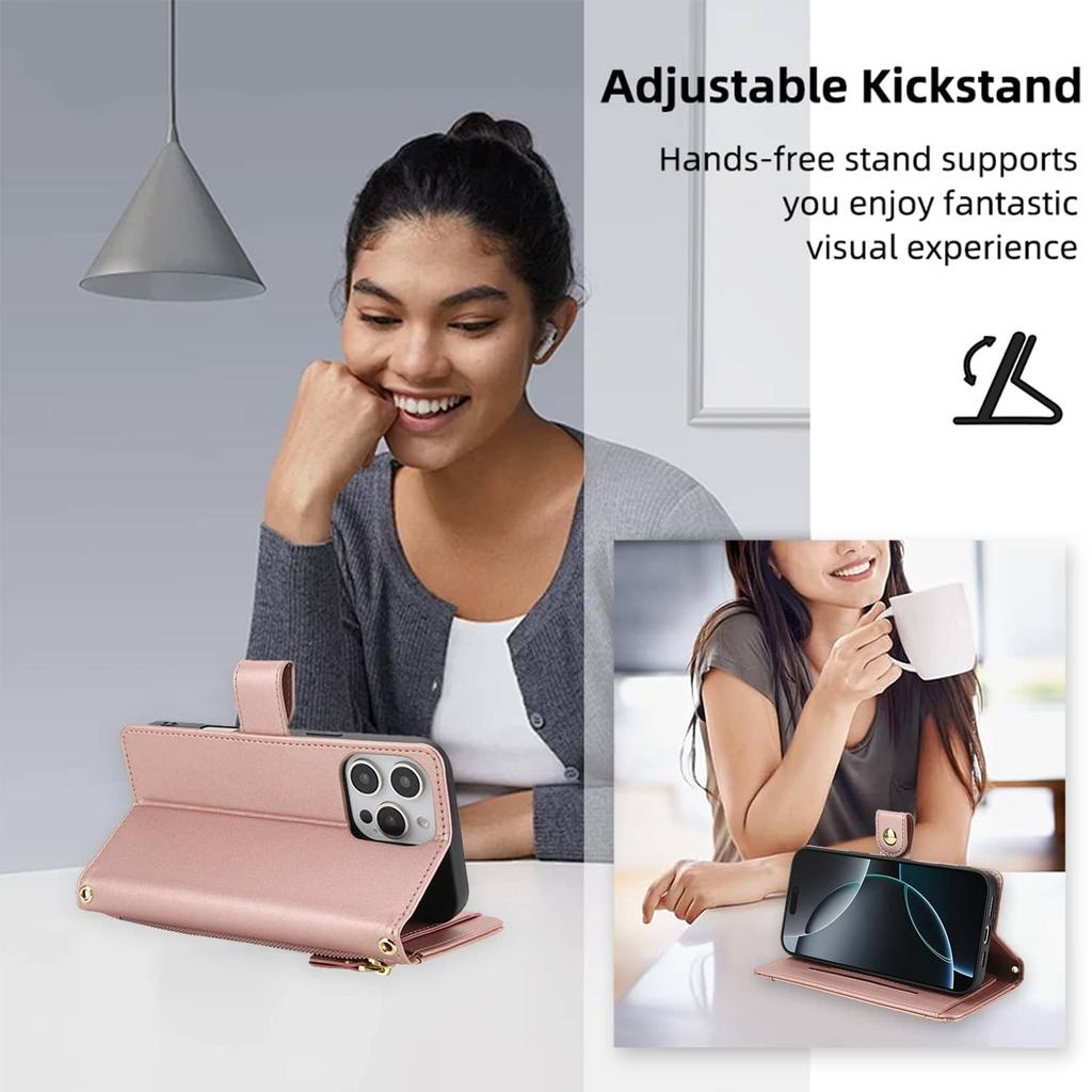 Flip Wallet Case for iPhone 16e/16/15 Pro Max/16 15 Plus, Zipper Pocket Cover with Card Holder Slots, Magnetic Closure, Lanyard