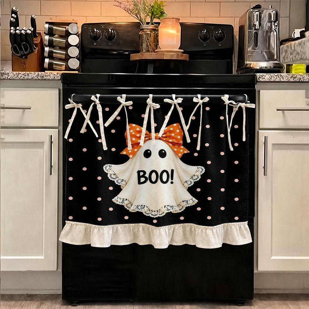Seasonal Halloween Tie Oven Cover Curtain Pumpkin Ghost Pastoral Style Dishwasher Bow Decor Curtain Snowman Handmade