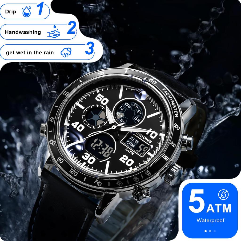 PINDOWS Genuine Leather Casual Analog-Digital Watch, Retro Racing Strap Model PDS-642, Silver/Black, Men's