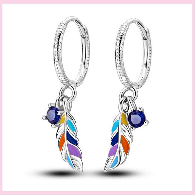 925 Silver Colorful Feathers Drop Earrings Dream Catcher Bohemia Asymmetry Dangle Earrings Original Wedding Jewelry For Women