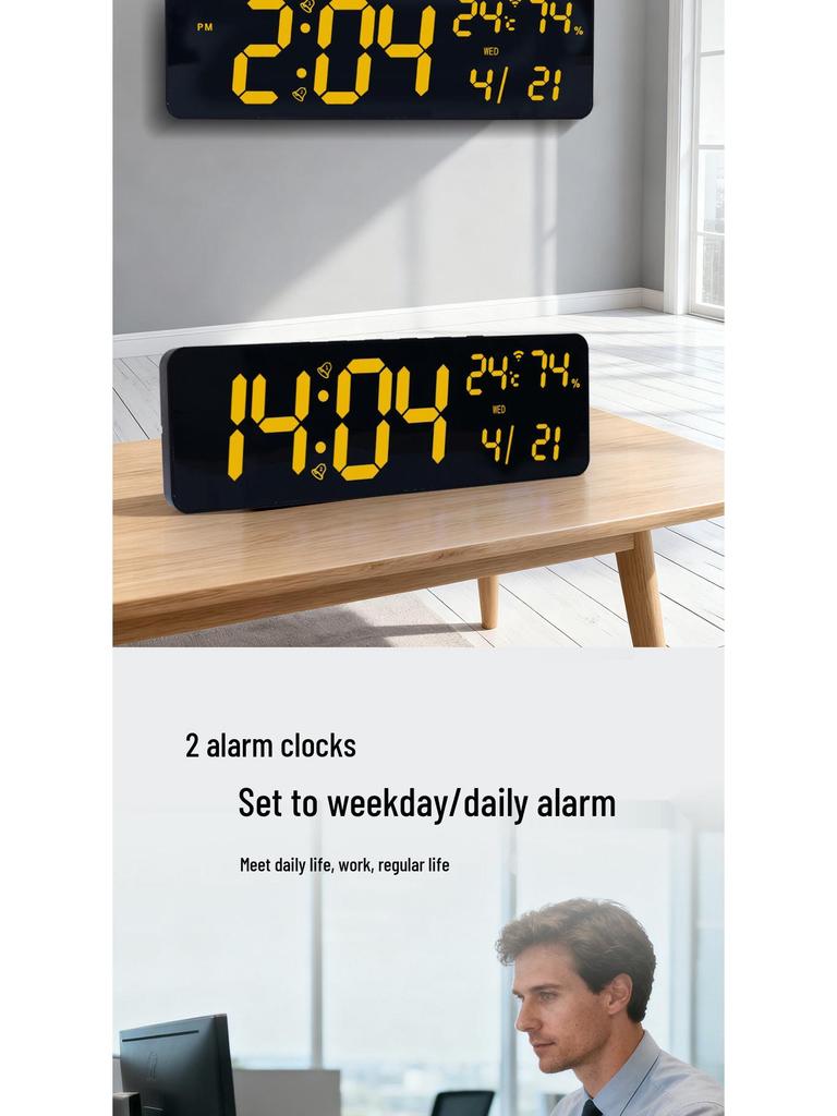 RGB Bluetooth Smart Wall Clock with Automatic Time Sync, Alarm, Temperature & Humidity Display, Perpetual Calendar, and Remote Control.