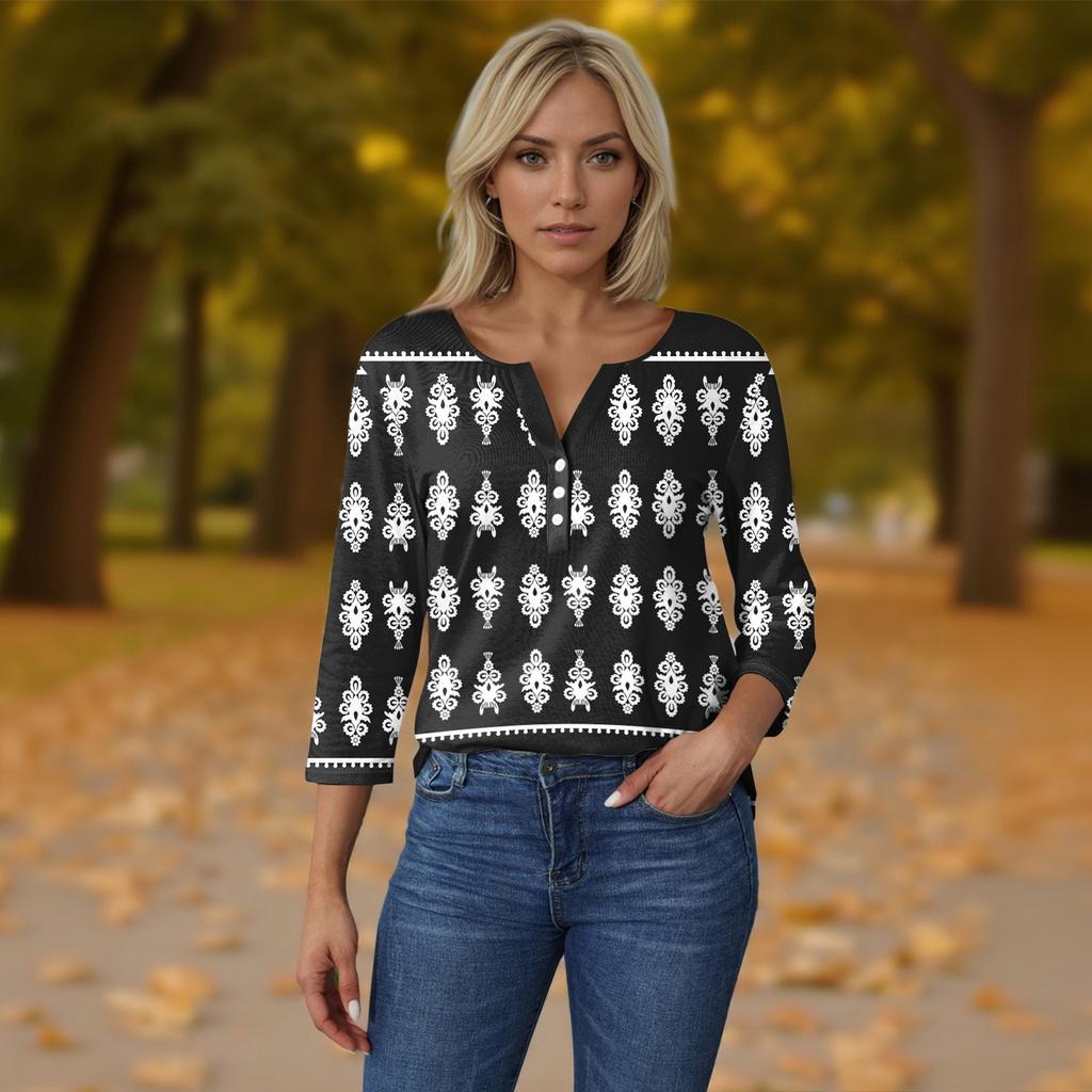 Damen-T-Shirt, T-Shirt, bedruckt, Knopfleiste, 3/4-Ärmel, tägliches Wochenende, modisch, Basic, V-Ausschnitt, normales Oberteil