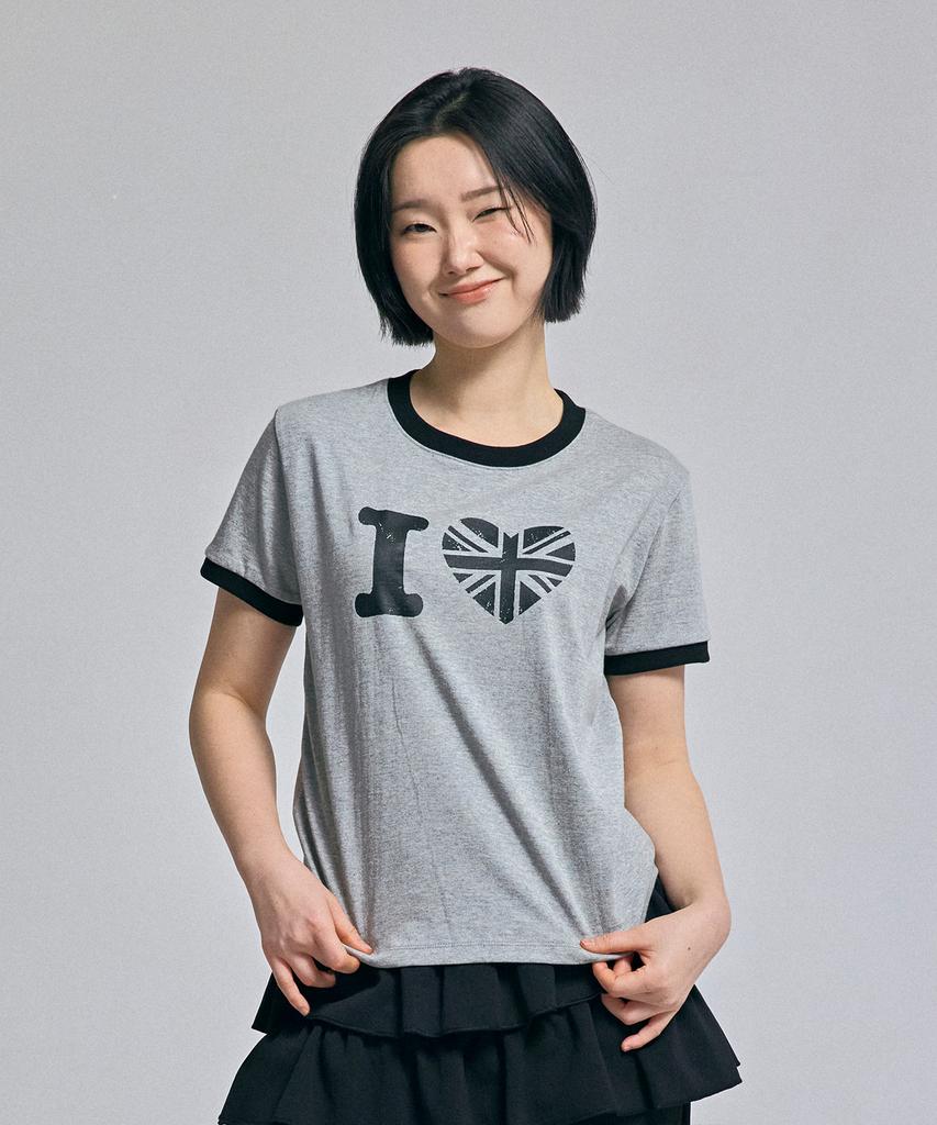 AWESOME STUDIO Heart Ringer Color Block Short Sleeve T-Shirt Melange Gray