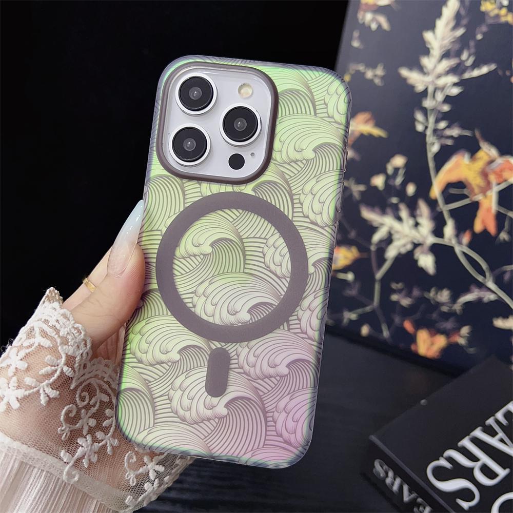 

Модный волновой узор лазерный для Magsafe магнитный беспроводной зарядный чехол для iPhone 11 12 13 14 15 Pro Max жесткий чехол-бампер из ПК For iPhone 13 ProMax чёрный