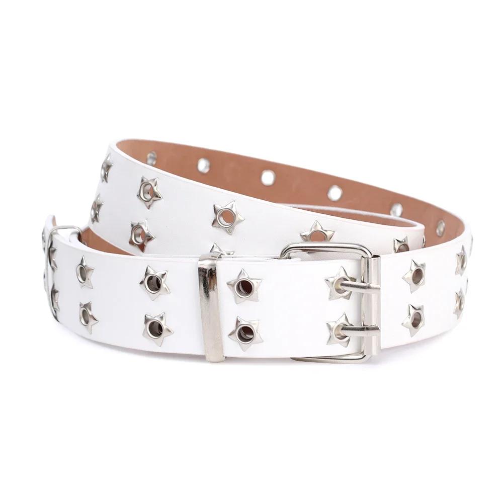 Y2K Punk Rivet Leather Belts Women Men Star PU Black White Waist Strap Double Row Hollow Trendy Waistband Jeans Skirt Decoration