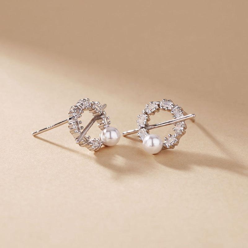 Zircon Ring One-line Pearl Earring French Retro Small Mini Temperament Earrings
