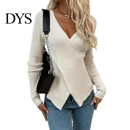 Γυναικείο Πλεκτό Πουλόβερ Σέξι V-Neck Wrap Πλεκτό Τοπ Εφαρμοστό Σταυρωτό Μπροστά Πουλόβερ Μακρυμάνικο Μαλακό Διαπνέον Ύφασμα Ρούχα Φθινοπώρου Ζεστό Wrap-around