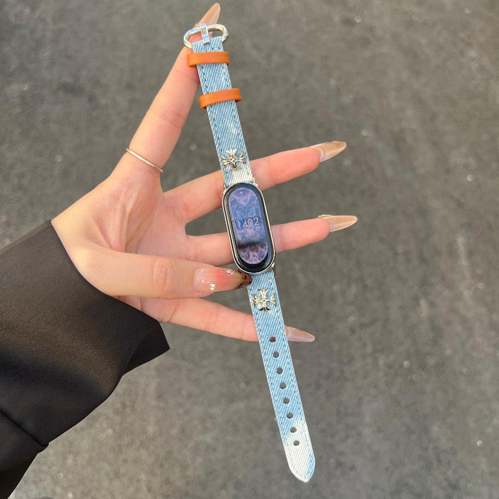 For Xiaomi Smart Band 10 Fashion Women Canvas+Leather Cowboy Cross-dye denim Watch Strap Compatible For Xiaomi Mi Band 10/9/8