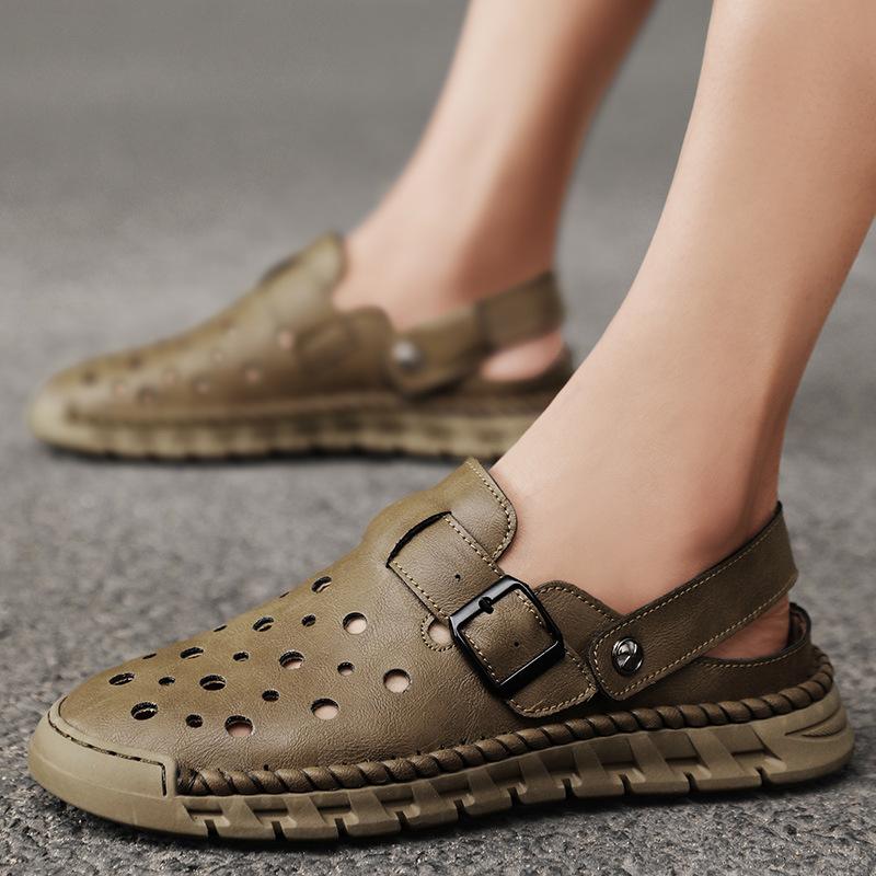 Men's Clogs Outdoor Sandals Closed Toe Leather Sandals Athletic Strap Adjustable Loafers Outdoor Beach Shoes Breathable Non Slip