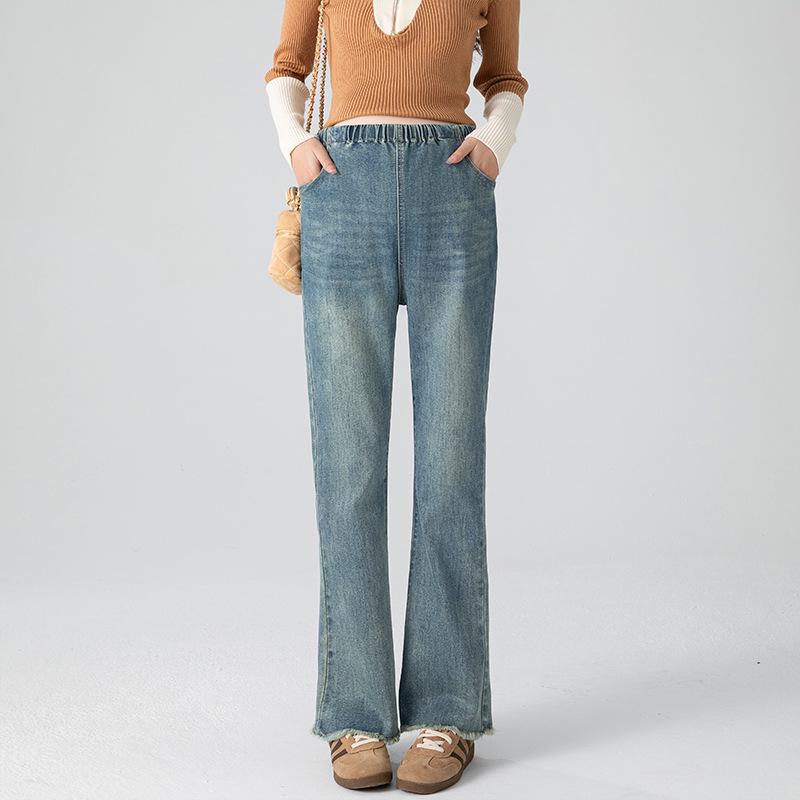 New Retro Korean Style High-Waisted Elastic Maternity Cropped Flare Jeans with Raw Hem L