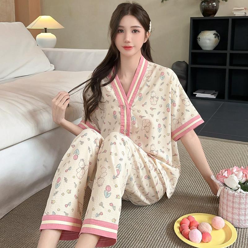 New Crepe Tulip Rabbit Large Size Pajamas Women's Spring Summer Short Sleeve Pants Two-piece Ins Style Loungewear
