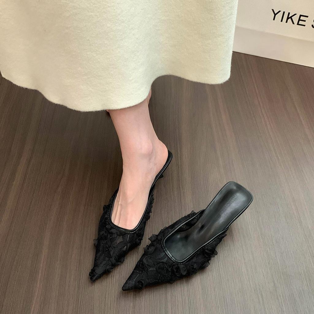 Fashion Summer Women's Fashion High Heel Mules Slippers Elegant Cover Toe Dress Lace Slides Ladies Dancing Party Prom Shoes