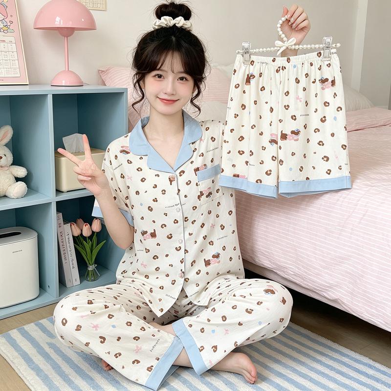 Leopard Print Love Heart Short Sleeve Pajama Set: Women's Summer Cloud Cotton Three-Piece Loungewear