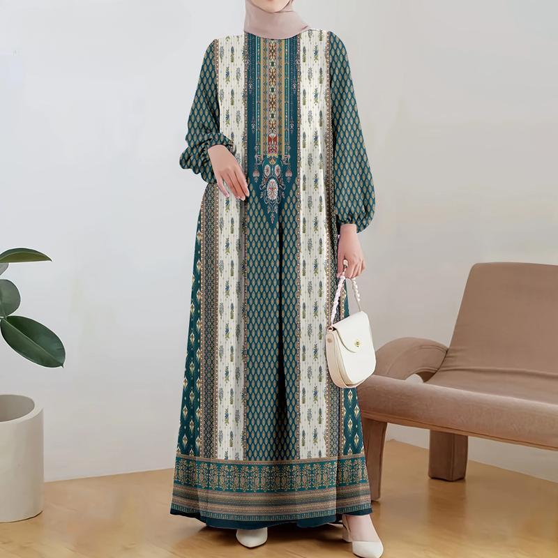 

Women s basic long skirt with striped print, vintage Muslim style, suitable for celebrations and banquets, fashionable, long, 2025 S бежевий