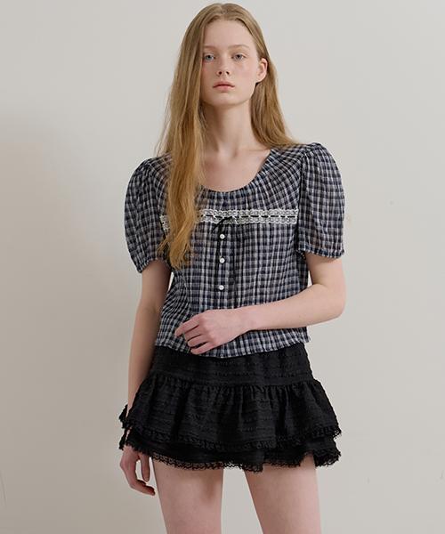 MORE THAN LIKE Check Ribbon Lace Blouse - Navy