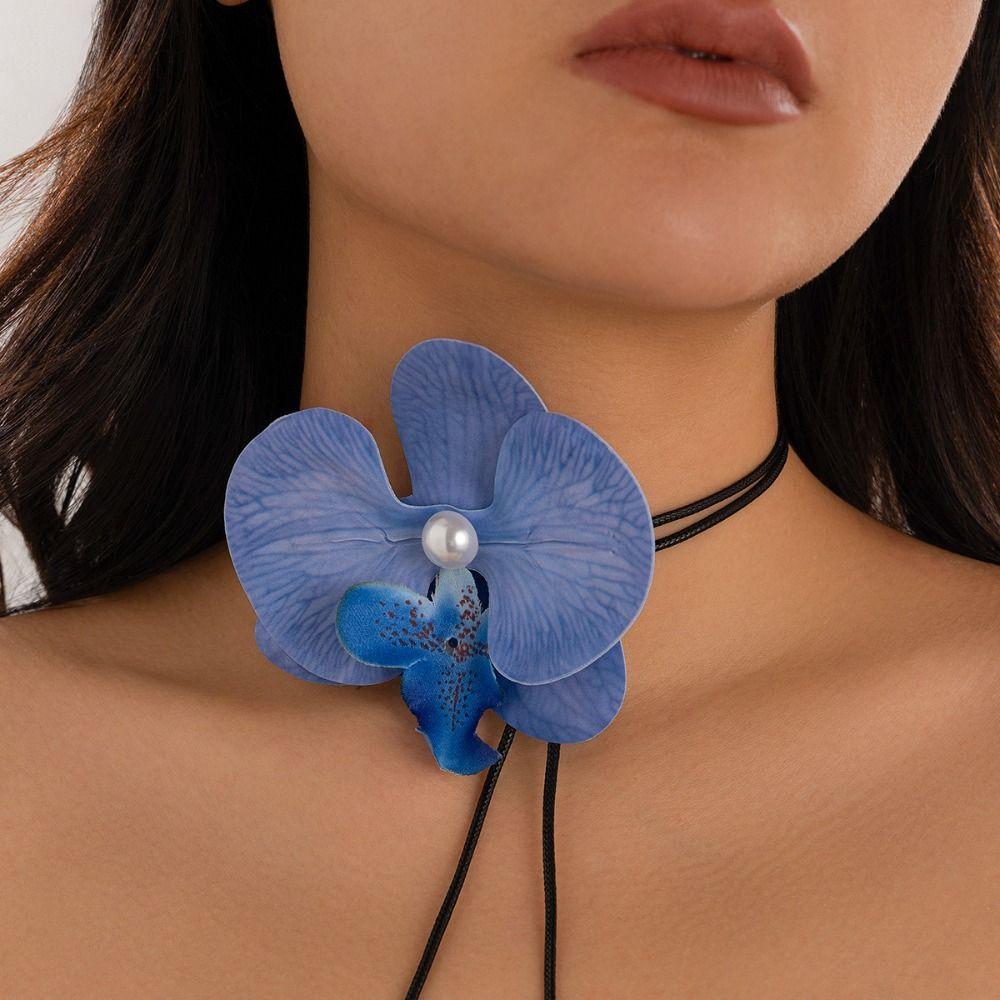 Colorful Butterfly Orchid Clavicle Chain Pearl Korean Style Choker Party