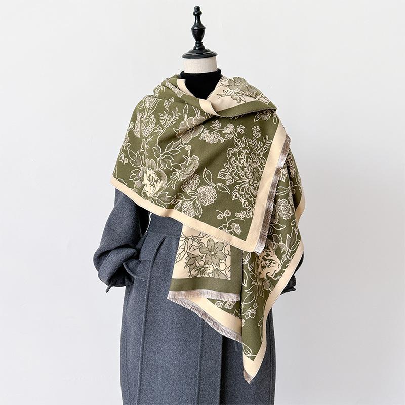 Flower And Plant Texture Double-Sided Scarf, Winter High-End Warm Shawl, Outer Cover For Women
