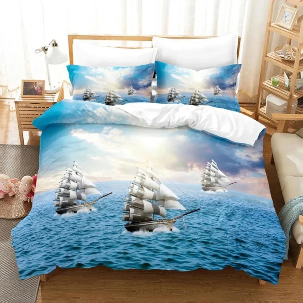 SailBoat Sea Bedding Set Ocean Sunset Scenery Duvet Cover Pillowcases Twin Full Queen King Size for Boys Adult Gift Bed Linen