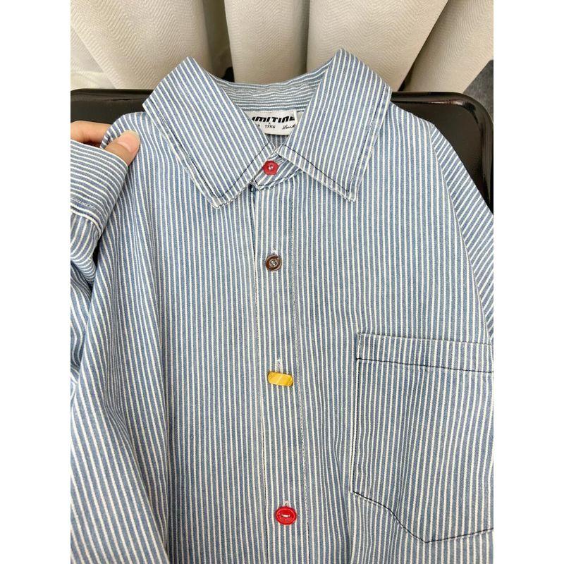 

Синяя полоска Рубашки с длинным рукавом Женский весенний топ 2025 Новый уличный свободный дизайн Контрастный цвет Верхняя одежда Рубашка Blue S