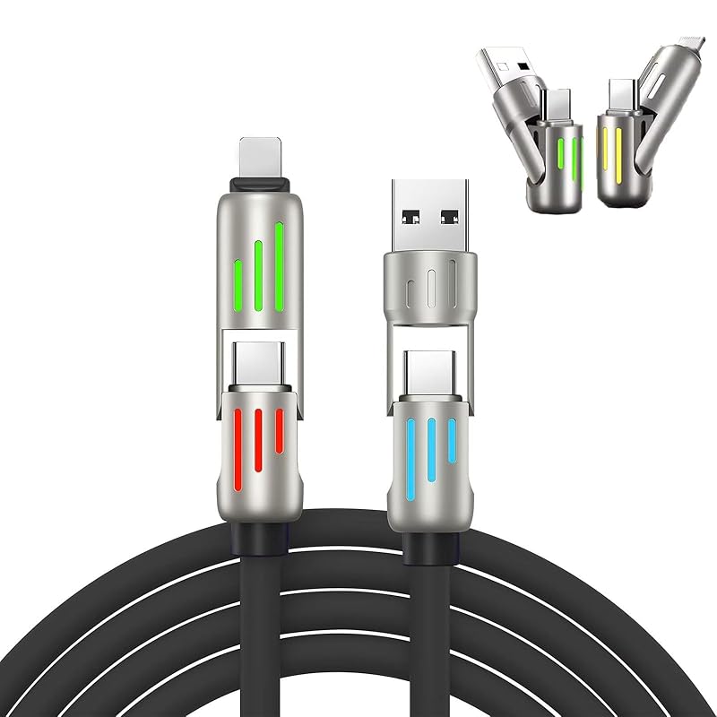 1.5M 4-in-1 Fast Charging Cable with LED Indicator 240W USB C  Universal Cable with Lightning/Micro-USB/Type-C Ports for All Phones Tablets Power