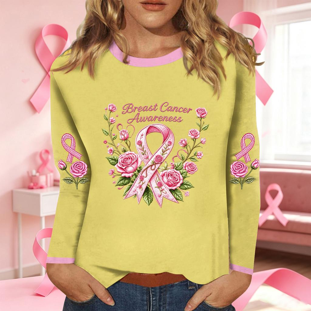 Women's Fashion Long Sleeve Breast Ribbon Print Neck Top