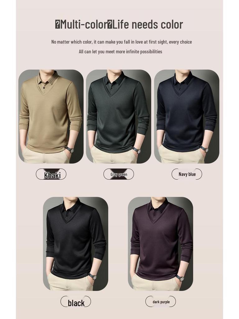 Men's Winter Thickened Velvet Two-Piece Faux Layered POLO Shirt with Warm Lapel - Long Sleeve for Middle-Aged Dad