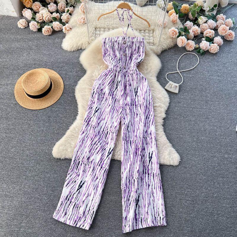 Spring and Summer New Holiday Travel Hot Street Tie-Dye Sling Fashion Chiffon Drape Halter Wide Leg One-Piece Long Pants