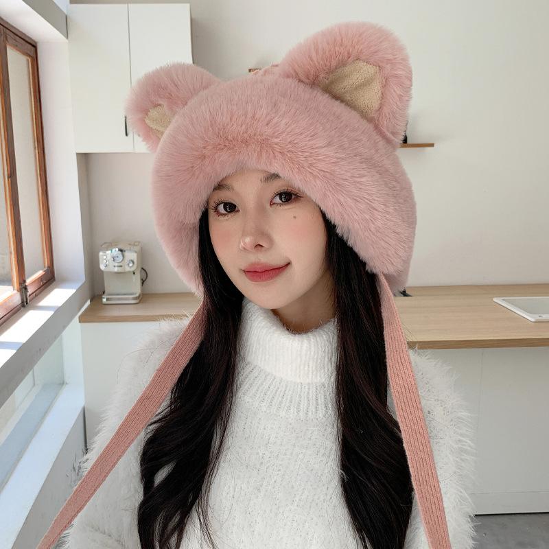 New Autumn and Winter Hat for Women's Ear Protection Lei Feng Hat Cute Kitten Ear Plus Wool Hat Knitted Warm Wool Hat