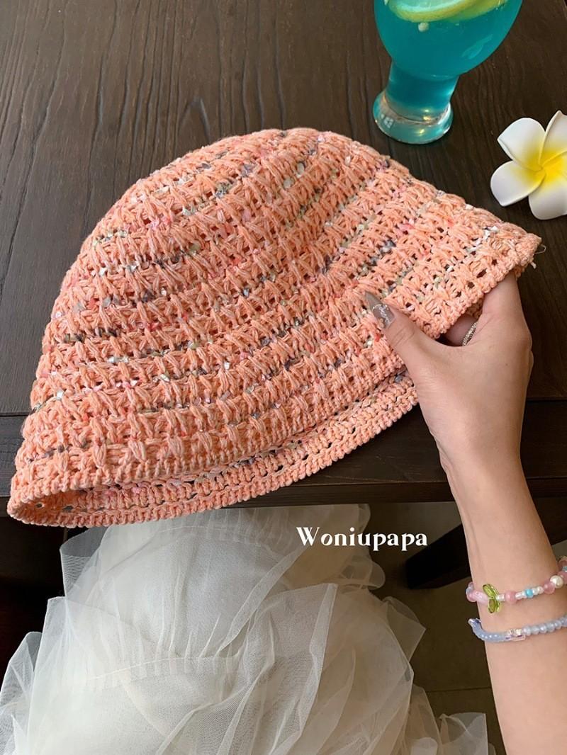 Hand-woven Straw Hat Women s 2024 New Hollow Bucket Hat Sunshade Sunscreen Hat Pink
