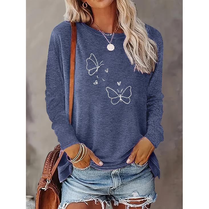 Fashionable and simple design with heart and butterfly motifs, round neck, long sleeves T Shirts for women in spring, summer, autumn, and winter