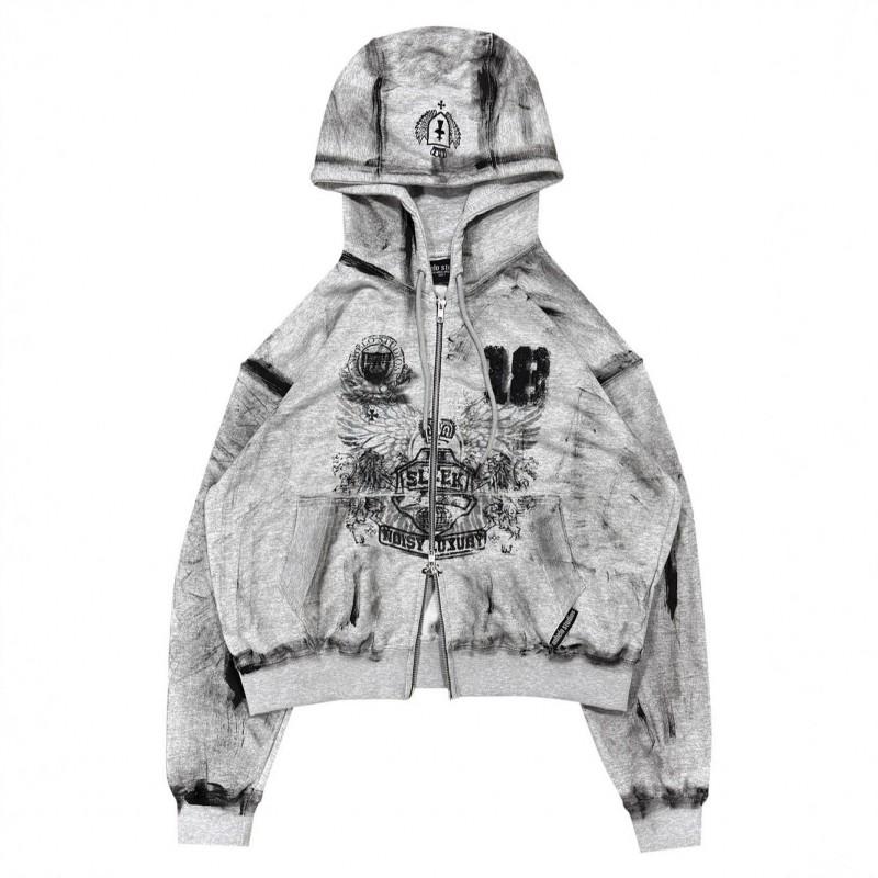 Vintage American Graffiti Print Hooded Cardigan Set Loose Fit Streetwear Teens