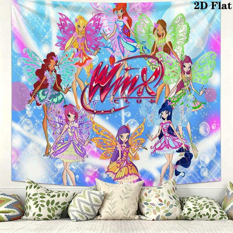 Winx Club Cartoon Wall Tapestry Aesthetic Wall Hanging Printed Fabric Blanket Decorative Tapestries for Bedroom Living Room Home Decor