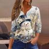 Women's Fashion Casual Christmas Print V-Neck Button Three-Quarter Sleeve T-Shirt Top