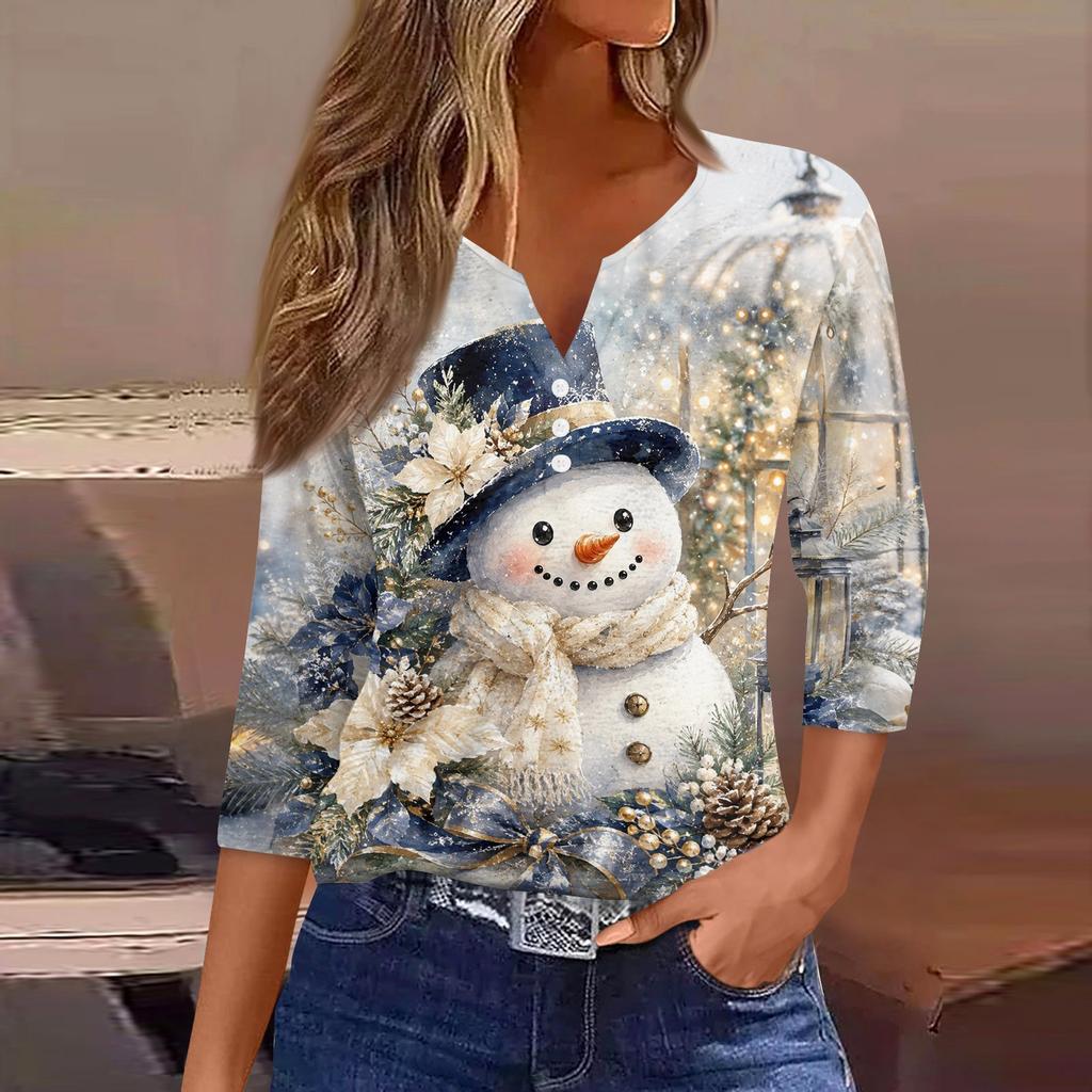 Women's Fashion Casual Christmas Print V-Neck Button Three-Quarter Sleeve T-Shirt Top