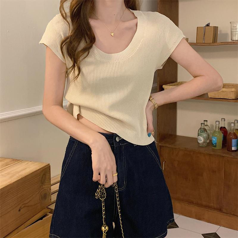 

Pink U-neck Short-sleeved Knit Sweater Women Summer Slim Thin Bottoming Shirt Tops Casual Summer Essential Comfort and Style Slim Fit Pullovers Tees One Size абрикосовий